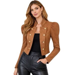 Cropped Puff-Sleeve Double-Breasted Jacket - Brown